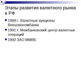 Этапы развития валютного рынка в РФ 1989 г. Валютные аукционы Внешэкономбанка 19