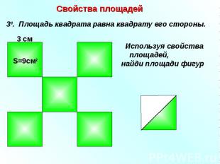 Свойства площадей 30. Площадь квадрата равна квадрату его стороны. 3 см S=9см2 И