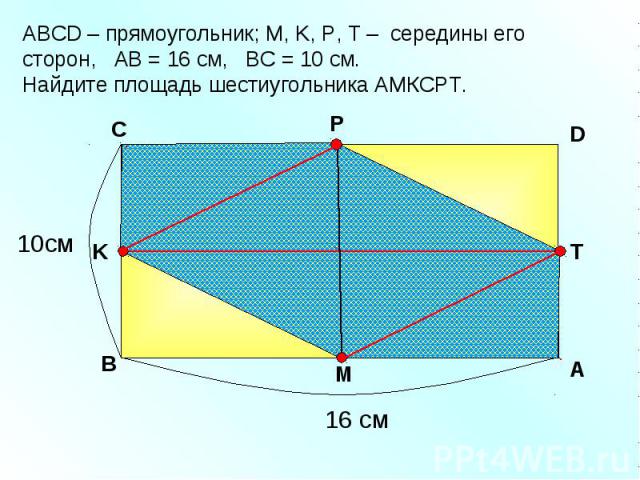 АBCD – прямоугольник; М, K, Р, Т – середины его сторон, АВ = 16 см, ВС = 10 см. Найдите площадь шестиугольника АМКСРТ. В С P А T D 10см M K 16 см