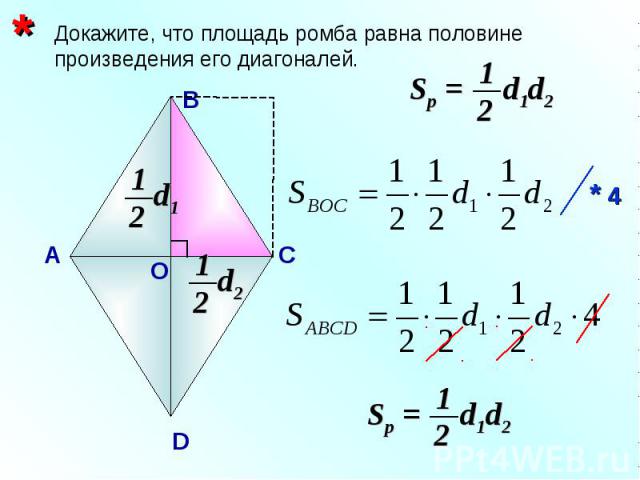 Докажите, что площадь ромба равна половине произведения его диагоналей. А В D С * Sр = d1d2 1 2 d1 1 2 d2 1 2 О * 4 Sр = d1d2 1 2