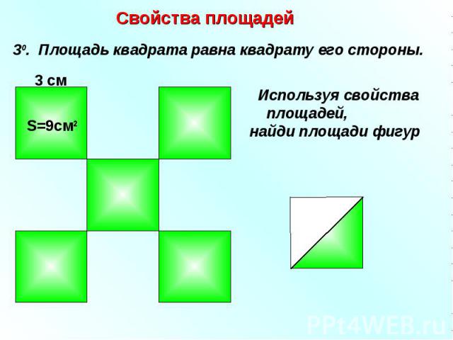 Свойства площадей 30. Площадь квадрата равна квадрату его стороны. 3 см S=9см2 Используя свойства площадей, найди площади фигур