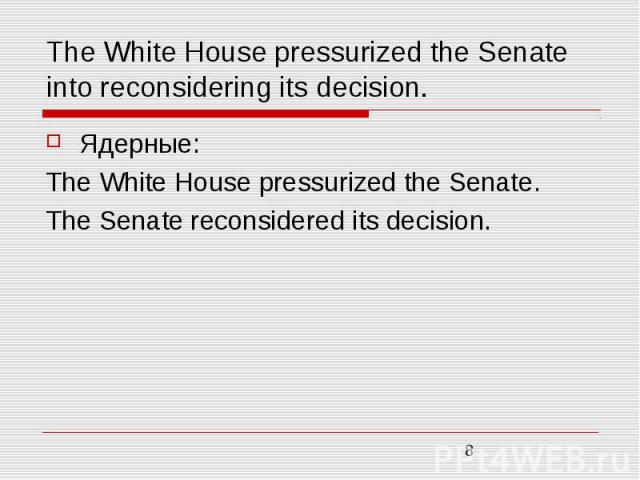 The White House pressurized the Senate into reconsidering its decision. Ядерные: The White House pressurized the Senate. The Senate reconsidered its decision.