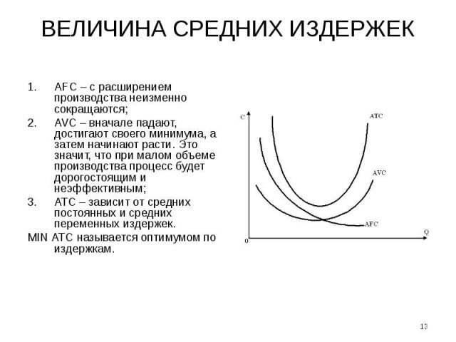 ВЕЛИЧИНА СРЕДНИХ ИЗДЕРЖЕК AFC – с расширением производства неизменно сокращаются; AVC – вначале падают, достигают своего минимума, а затем начинают расти. Это значит, что при малом объеме производства процесс будет дорогостоящим и неэффективным; ATC…