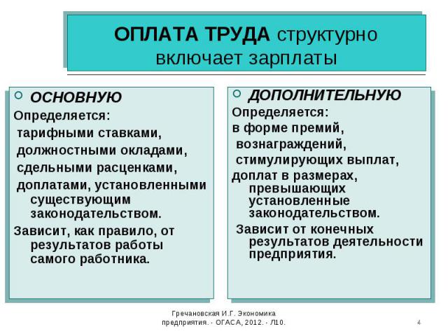 Гречановская И.Г. Экономика предприятия. - ОГАСА, 2012. - Л10. * ОПЛАТА ТРУДА структурно включает зарплаты ОСНОВНУЮ Определяется: тарифными ставками, должностными окладами, сдельными расценками, доплатами, установленными существующим законодательств…