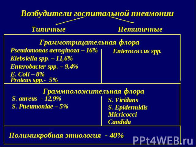 Возбудители госпитальной пневмонии Граммотрицательная флора Pseudomonas aeroginoza – 16% Klebsiella spp. – 11,6% Enterobacter spp. – 9,4% E. Coli – 8% Proteus spp.- 5% Граммположительная флора S. aureus - 12,9% S. Pneumoniae – 5% Полимикробная этиол…