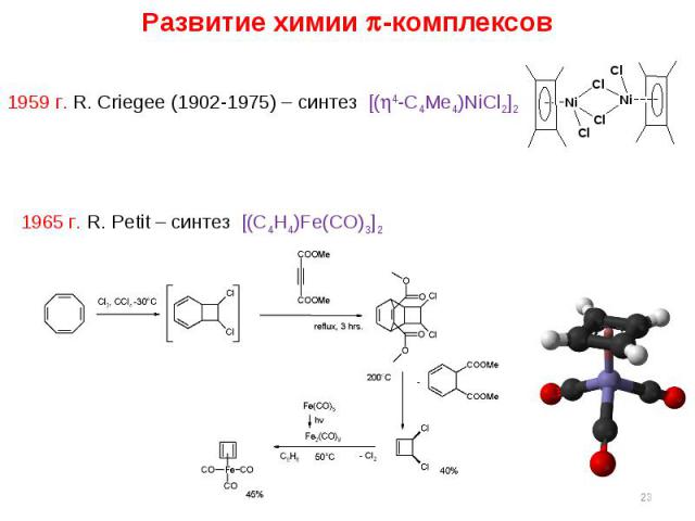 * Развитие химии -комплексов 1959 г. R. Criegee (1902-1975) – синтез [(4-C4Me4)NiCl2]2 1965 г. R. Petit – синтез [(C4H4)Fe(CO)3]2