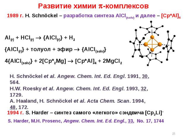 * 1989 г. H. Schnцckel – разработка синтеза AlCl(solv) и далее – [Cp*Al]4 1994 г. S. Harder – синтез самого «легкого» сэндвича [Cp2Li]– Развитие химии -комплексов Al(г) + HCl(г) {AlCl(г)} + H2 {AlCl(г)} + толуол + эфир {AlCl(solv)} 4{AlCl(solv)} + 2…
