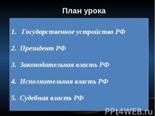 План урока Государственное устройство РФ Президент РФ Законодательная власть РФ