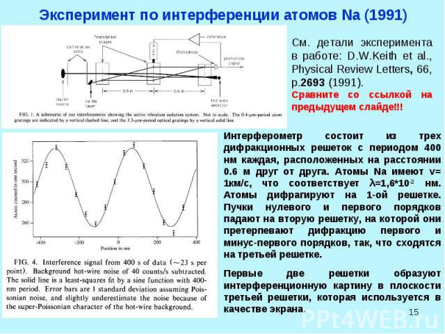 Эксперимент по интерференции атомов Na (1991) * Интерферометр состоит из трех дифракционных решеток с периодом 400 нм каждая, расположенных на расстоянии 0.6 м друг от друга. Атомы Na имеют v= 1км/c, что соответствует λ=1,6*10-2 нм. Атомы дифрагирую…