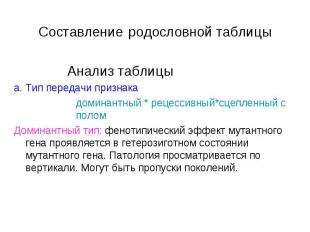 Составление родословной таблицы Анализ таблицы а. Тип передачи признака доминант