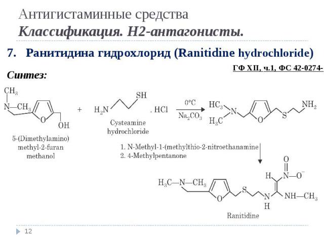 * 7. Ранитидина гидрохлорид (Ranitidine hydrochloride) Синтез: Антигистаминные средства Классификация. Н2-антагонисты. ГФ XII, ч.1, ФС 42-0274-07
