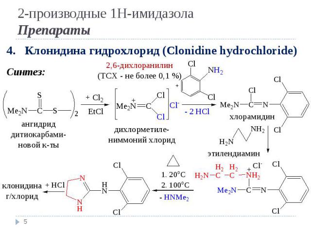 * 4. Клонидина гидрохлорид (Clonidine hydrochloride) Синтез: ангидрид дитиокарбами-новой к-ты дихлорметиле-ниммоний хлорид 2,6-дихлоранилин (ТСХ - не более 0,1 %) хлорамидин этилендиамин клонидина г/хлорид 2-производные 1Н-имидазола Препараты