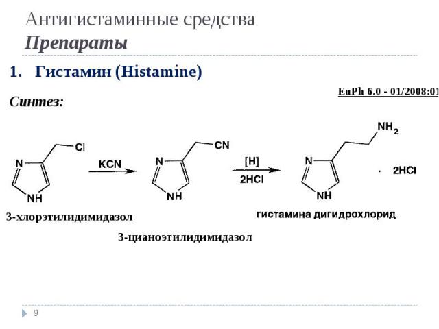 * 1. Гистамин (Histamine) Синтез: Антигистаминные средства Препараты 3-хлорэтилидимидазол 3-цианоэтилидимидазол EuPh 6.0 - 01/2008:0143