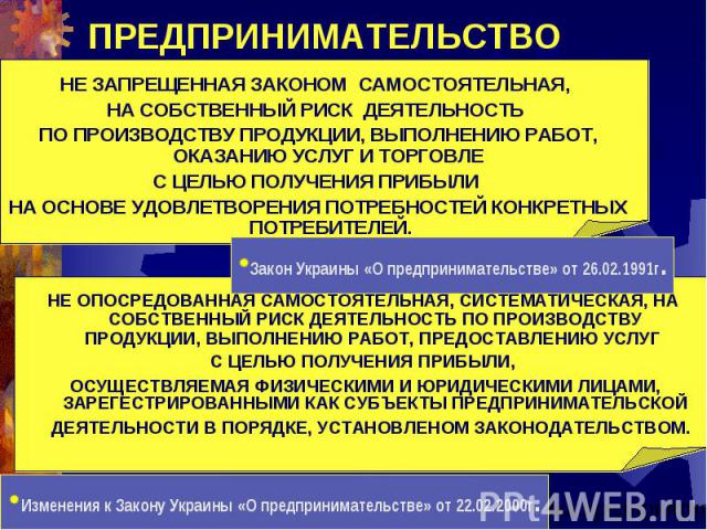 Закон Украины «О предпринимательстве» от 26.02.1991г. НЕ ЗАПРЕЩЕННАЯ ЗАКОНОМ САМОСТОЯТЕЛЬНАЯ, НА СОБСТВЕННЫЙ РИСК ДЕЯТЕЛЬНОСТЬ ПО ПРОИЗВОДСТВУ ПРОДУКЦИИ, ВЫПОЛНЕНИЮ РАБОТ, ОКАЗАНИЮ УСЛУГ И ТОРГОВЛЕ С ЦЕЛЬЮ ПОЛУЧЕНИЯ ПРИБЫЛИ НА ОСНОВЕ УДОВЛЕТВОРЕНИЯ …