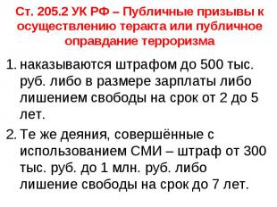 Ст. 205.2 УК РФ – Публичные призывы к осуществлению теракта или публичное оправд