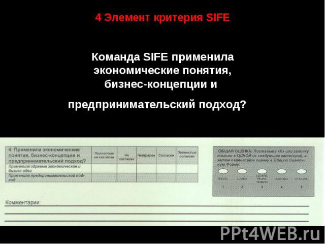 4 Элемент критерия SIFE Команда SIFE применила экономические понятия, бизнес-концепции и предпринимательский подход?