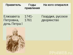 Правитель Годы правления На кого опирался Елизавета Петровна, дочь Петра l 1741-