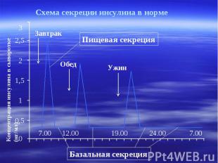 Схема секреции инсулина в норме 3 2,5 2 1,5 1 0,5 0 7.00 12.00 19.00 24.00 7.00