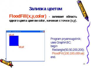 * Заливка цветом FloodFill(x,y,color) - заливает область одного цвета цветом col
