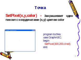 * Точка SetPixel(x,y,color) - Закрашивает один пиксел с координатами (x,y) цвето