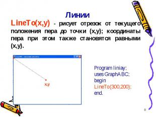 * Линии LineTo(x,y) - рисует отрезок от текущего положения пера до точки (x,y);