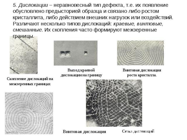 Выход краевой дислокации на границу Винтовая дислокация роста кристалла. Скопление дислокаций на межзеренных границах Сетка дислокаций Винтовая дислокация 5. Дислокации – неравновесный тип дефекта, т.е. их появление обусловлено предысторией образца …