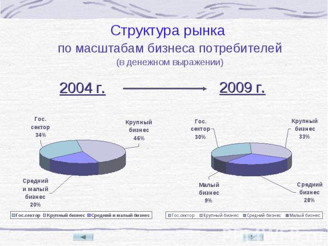 2004 г. 2009 г. Структура рынка по масштабам бизнеса потребителей (в денежном выражении)