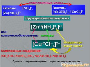 комплексные ионы Катионы [NH4]+, [Zn(NH3)4]2+ Анионы [Al(OH)4]─, [CuCl4]2─ струк