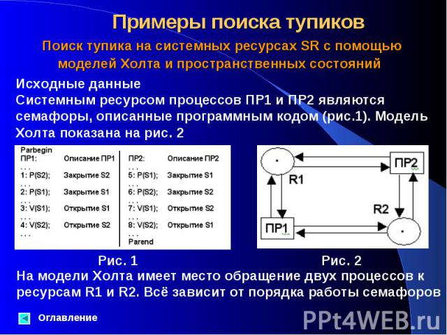 Исходные данные Системным ресурсом процессов ПР1 и ПР2 являются семафоры, описанные программным кодом (рис.1). Модель Холта показана на рис. 2 Оглавление Поиск тупика на системных ресурсах SR с помощью моделей Холта и пространственных состояний На м…