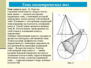 Тени геометрических тел Рис.3 Тень конуса (рис. 3). При по строении тени конуса