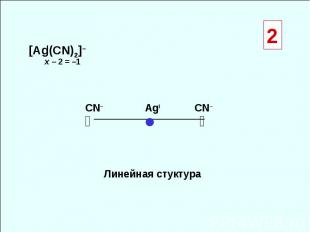 [Ag(CN)2]– ◑ ◐ ● Линейная стуктура СN– CN– x – 2 = –1 I AgI 2