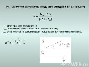 Математическая зависимость между ответом и дозой (концентрацией) R – ответ при д