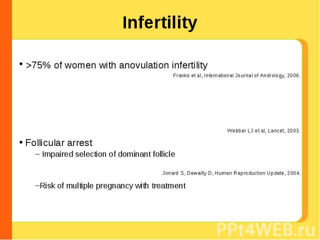 Infertility >75% of women with anovulation infertility Follicular arrest Impaired selection of dominant follicleRisk of multiple pregnancy with treatment Franks et al, International Journal of Andrology, 2006. Webber LJ et al, Lancet, 2003. Jonard S…