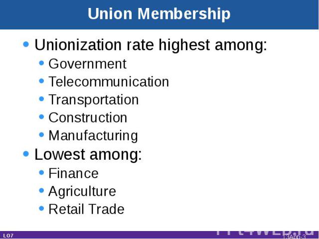 Unionization rate highest among:GovernmentTelecommunicationTransportationConstructionManufacturingLowest among:FinanceAgricultureRetail Trade LO7 Union Membership 13App-*