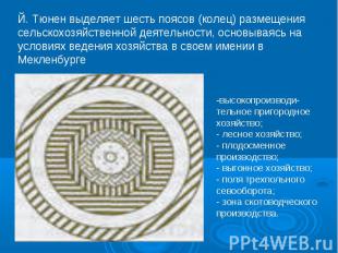 Й. Тюнен выделяет шесть поясов (колец) размещения сельскохозяйственной деятельно