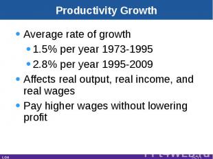Productivity Growth Average rate of growth1.5% per year 1973-19952.8% per year 1