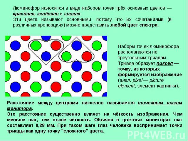 Люминофор наносится в виде наборов точек трёх основных цветов — красного, зелёного и синего. Эти цвета называют основными, потому что их сочетаниями (в различных пропорциях) можно представить любой цвет спектра. Наборы точек люминофора располагаются…