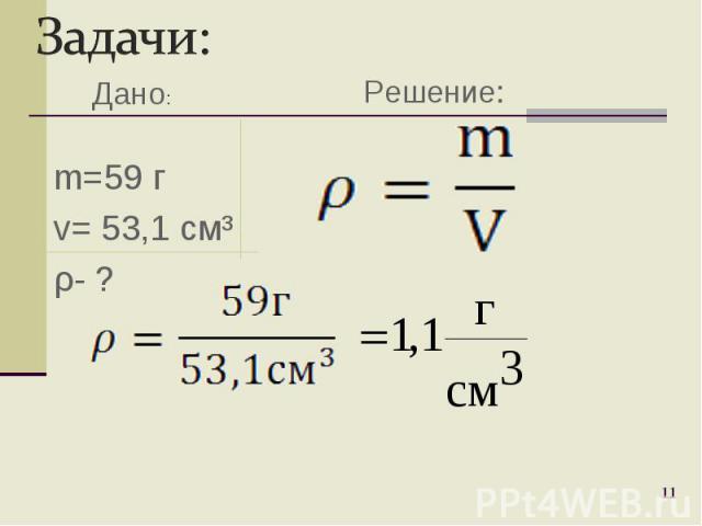 m=59 г v= 53,1 смі ρ- ? * Дано: Решение: