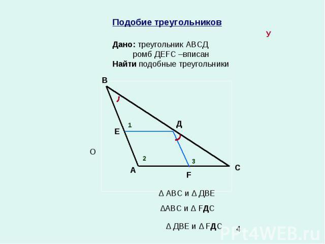 Подобие треугольников У Дано: треугольник АВСД ромб ДЕFС –вписан Найти подобные треугольники В А С Д Е F ∆ АВС и ∆ ДВЕ 1 2 ∆АВС и ∆ FДС ∆ ДВЕ и ∆ FДС 3 О