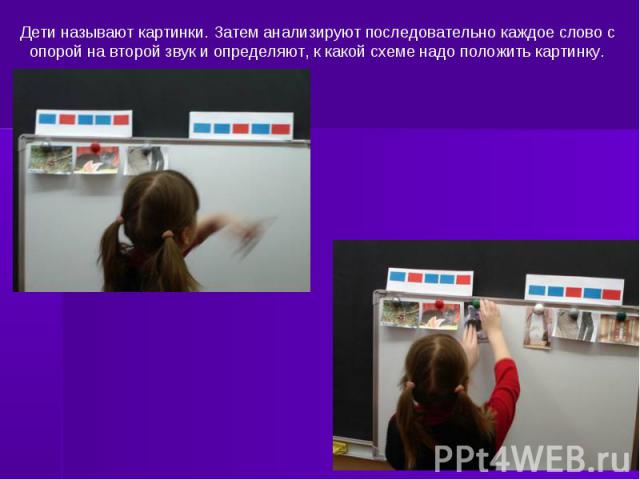 Дети называют картинки. Затем анализируют последовательно каждое слово с опорой на второй звук и определяют, к какой схеме надо положить картинку.