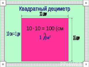 1 дм2 Квадратный дециметр 10 . 10 = 100 (см 2)