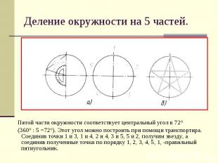 Деление окружности на 5 частей. Пятой части окружности соответствует центральный