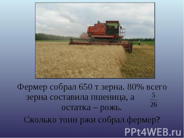 Фермер собрал 650 т зерна. 80% всего зерна составила пшеница, а остатка – рожь. Сколько тонн ржи собрал фермер?