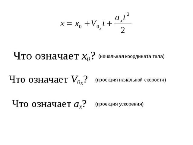 Что означает х0? (начальная координата тела) Что означает V0x? (проекция начальной скорости) Что означает ах? (проекция ускорения)