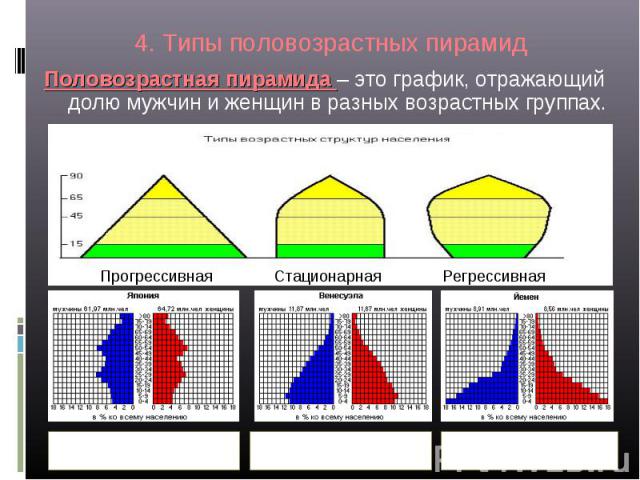 4. Типы половозрастных пирамидПоловозрастная пирамида – это график, отражающий долю мужчин и женщин в разных возрастных группах.
