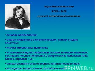 Карл Максимович Бэр 1729 – 1876 русский естествоиспытатель основал эмбриологию;
