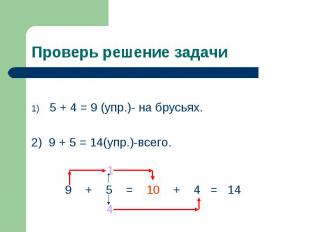 Проверь решение задачи 1) 5 + 4 = 9 (упр.)- на брусьях. 2) 9 + 5 = 14(упр.)-всег