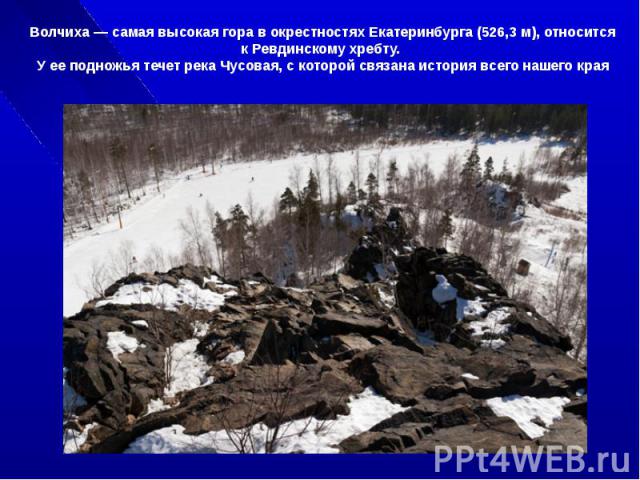 Волчиха самая высокая гора в окрестностях Екатеринбурга (526,3 м ), относится к Ревдинскому хребту. У ее подножья течет река Чусовая, c которой связана история всего нашего края