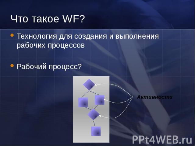 Что такое WF? Технология для создания и выполнения рабочих процессов Рабочий процесс? Активности