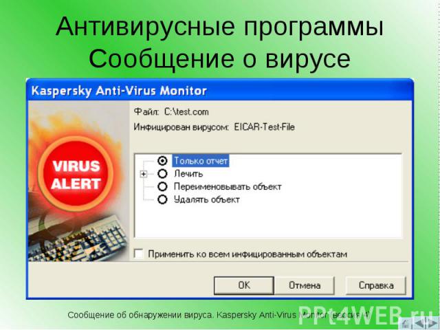 Антивирусные программы Сообщение о вирусе Сообщение об обнаружении вируса. Kaspersky Anti-Virus Monitor (версия 4)